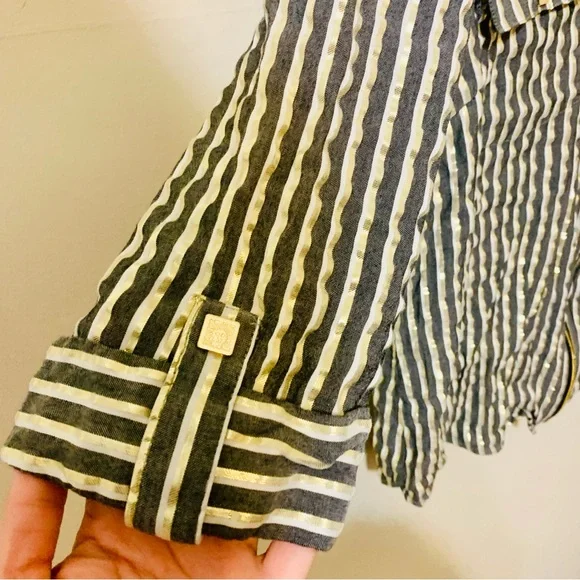 Anne Klein Metallic Gold Gray Striped Zip Front Blouse 3/4 Sleeve Top - XL - Picture 8 of 9